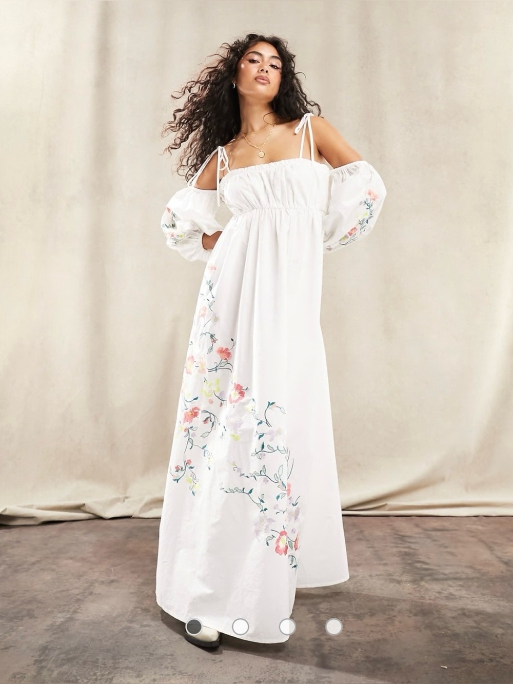 ASOS Embroidered Off Shoulder Cotton Maxi White Floral Size 4 Boho Cottagecore
